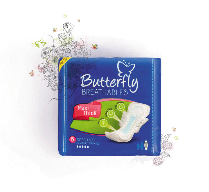 Butterfly Breathables Maxi Thick Sanitary Pads, Extra Large - 8 Pcs