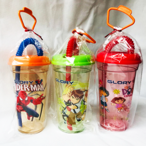 Transparent Sip Glass for Kids with Straw Cartoon Characters Attractive Colorful Straw Glass