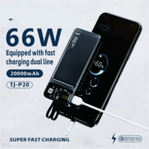 66W High-Capacity Power Bank – 20,000mAh with Built-in Cables & Digital Display - White & Black Colour
